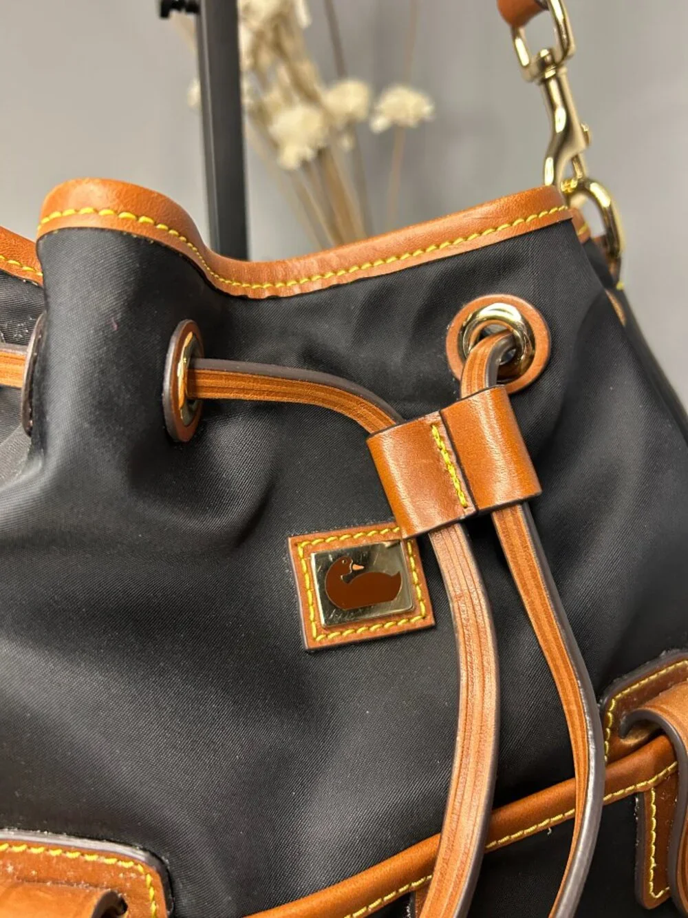 Dooney & Bourke Wayfarer Black Nylon Leather Drawstring Bucket Bag